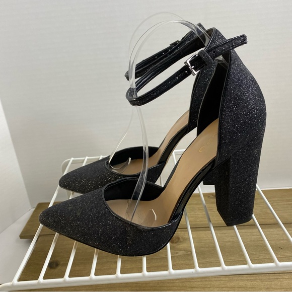 Aldo Women’s Block Heel Sparkly Pointed Toe Ankle Strap Black Shoes Size 9 - Picture 11 of 11